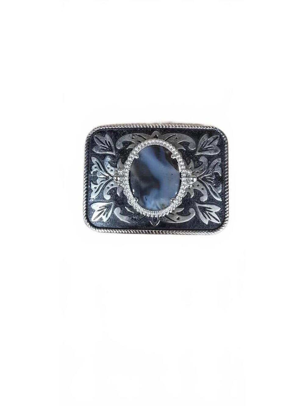 Vintage Ornate Black and Silver Rectangular Belt Buckle with Floral Design